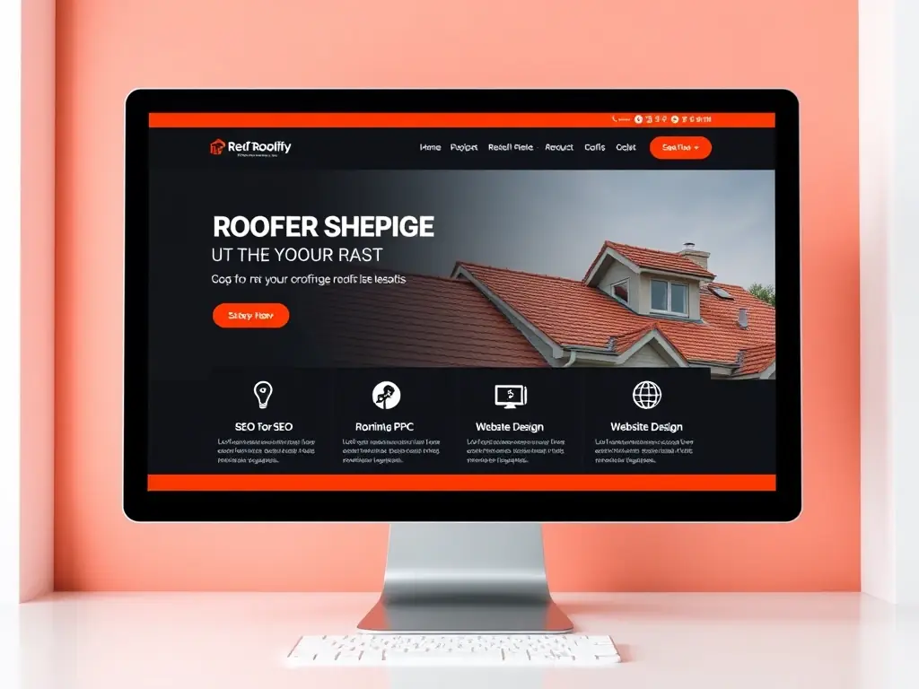 A modern, sleek website mockup in a red and black color scheme, specifically designed for a roofing company, showcasing its services and professionalism.